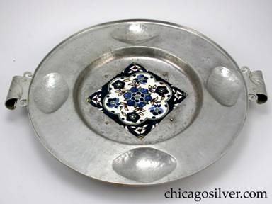 Cellini tray, round, aluminum, with 5-3/4" square ceramic tile inset at center.  Unusual scroll handles.