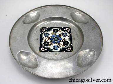 Cellini tray, round, aluminum, with 5-1/2" square, floral ceramic tile inset at center.  Note "Artgental" spelling error on underside.