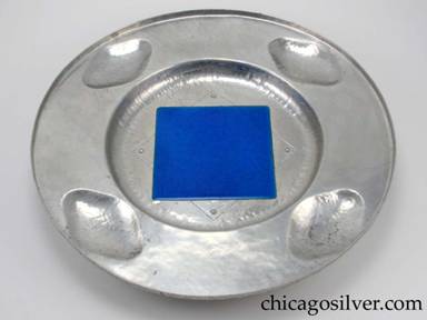 Cellini tray, round, aluminum, with 5-1/2" square, iridescent deep blue ceramic tile inset at center.