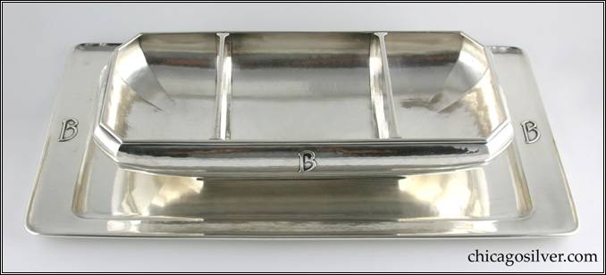 Kalo bowl, massive and unusual, three-part, with undertray.  Bowl is octagonal, on raised octagonal foot, with alternating long and short sides, applied B mono and applied wire to rim.  Two internal dividers form three compartments, possibly for vegetables.  Rectangular undertray is long and narrow, with raised flat rim that curves up slightly at edges, applied B on both ends.  