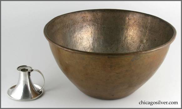 rare massive copper Kalo bowl beside a Kalo Chamberstick