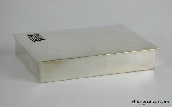 Kalo box, cigarette, rectangular cedar-lined, polished hammered surface with overhanging slightly domed lid on hinge.  
