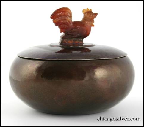 Rebecca Cauman bowl, round, copper, with removable silver lid, red-orange enameled interior and carved agate rooster finial inside small ring on lid.  