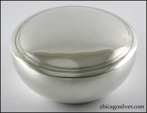 Rebecca Cauman bowl, round, silver, with removable tightly fitted domed silver lid.  