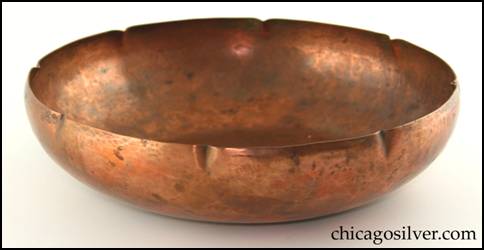 Rebecca Cauman bowl, round, large, copper, with turned-in rim and eight small inward-pointing dimples at the top.   