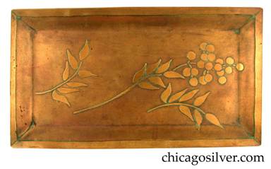 Carence Crafters tray, brass, rectangular, with raised edges and acid-etched design depicting three stems with leaves, and cluster of berries