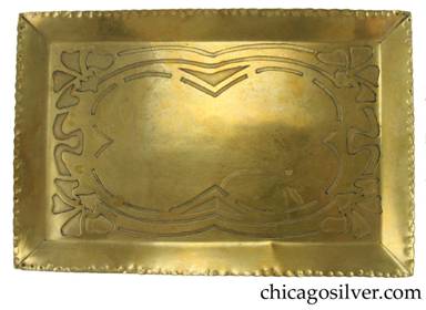 Carence Crafters tray, unusually large, brass, with stylized flowers at the corners and curving stencil-like lines connecting them.  Piece is very unusual for its size, its heavily hammered raised edge, and its reversed acid-etched design -- the flowers are lines are etched and oxidized rather than the background.  Heavy.