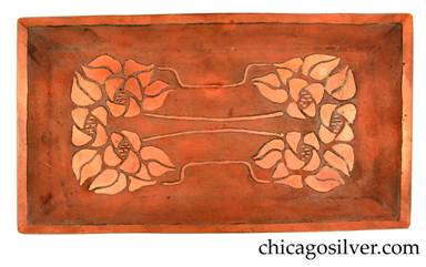 Carence Crafters tray, copper, rectangular, with acid-etched floral design at the ends and curving patterns of stems across the middle