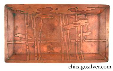 Carence Crafters tray, copper, rectangular, with raised edge and acid-etched bamboo design