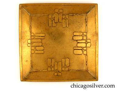 Carence Crafters tray, brass, square, with raised edge and acid-etched four-way symmetrical geometric design