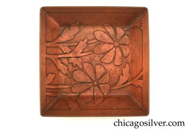 Carence Crafters tray, copper, small, square, with raised edge and acid-etched leaf and petal pattern