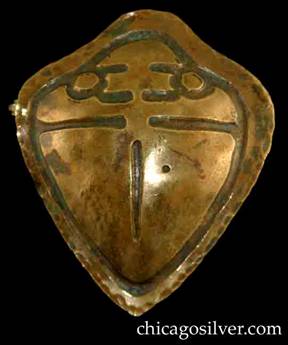 Forest Craft Guild brooch, scarab-shaped, brass, with chased stylized lines on convex body. 