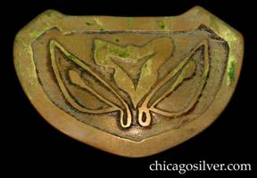 Forest Craft Guild brooch, brass, shield-shaped, with wide border and abstract acid-etched design.  Purchased with a signed FCG pin.