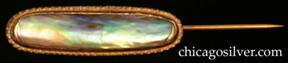 Forest Craft Guild stickpin, brass, with unusually large top containing long oval bezel-set abalone inside worked bezel.  