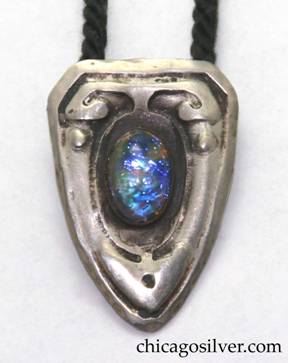Forest Craft Guild slide, German silver, shield-shaped, with abstract acid-etched designs and oval bezel-set "jelly opal" foil-backed glass cabochon stone.  Original 23" L twisted black silk cord through slide fastener at back.  