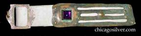 Forest Craft Guild watch fob, rectangular hammered copper, with parallel pattern of pierced lines, and a faceted bezel-set square amethyst at the top.