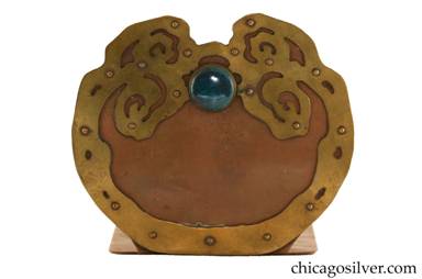 Forest Craft Guild bookends, pair (2), heavy gauge copper with riveted cutout brass applied decoration and large round blue and purple bezel-set cabochon stone.  Brass cutouts are slightly different on each piece.  