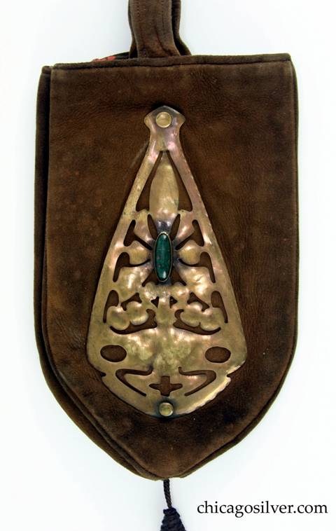 Forest Craft Guild handbag, detail, showing extensive cutout decoration and central bloodstone.