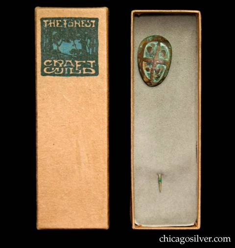 Brass Forest Craft Guild stickpin on original ooze leather backing in original presentation box.