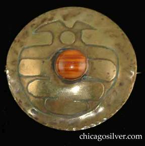 Forest Craft Guild brooch, brass, round, with acid-etched design, centering round red-orange bezel-set tiger-eye glass stone.  