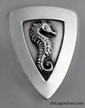 Laurence Foss pin, triangular, with curved wide edges, cutout frame centering very dimensional applied lifelike seahorse