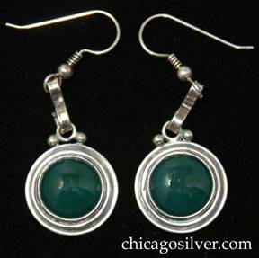 Laurence Foss earrings, pair (2), drop, for pierced ears, round button-form, each with stepped frame centering a round bezel-set cabochon chrysoprase stone.  Small applied bead on either side of a loop at the top, and an S-shaped strap wire link through one end of the loop connected to a hook at the top with spiraling wire and bead detail.  