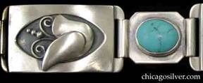 Detail from Laurence Foss bracelet, link, with turquoises.  