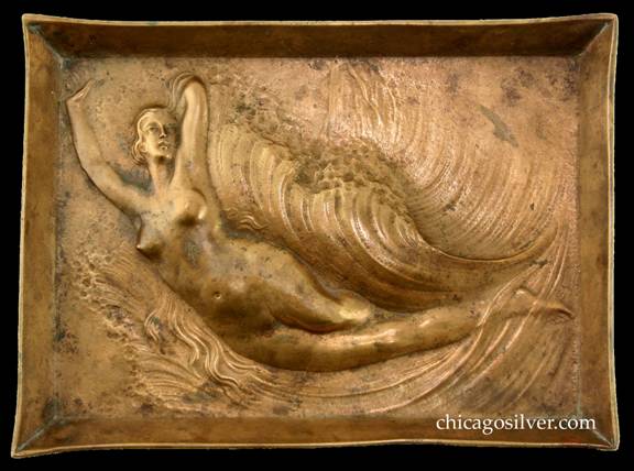 Clemens Friedell tray, rectangular, bronze, with repoussé cast image of nude female figure riding ocean wave.  Angular raised edges.  Nice detail.  Heavy and very unusual.  