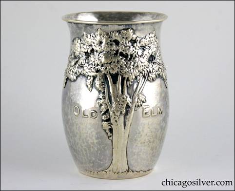 Kalo cup with elaborate repousse tree and "Old Elm" chased into side