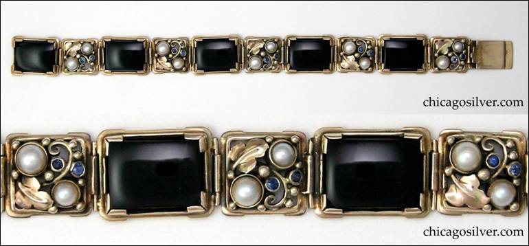 Gilbert Oakes bracelet, large rectangular links with black onyx cabochon plaques alternating with smaller gold work links with pearls and Montana sapphires, grape leaves, scrolls and bead ornaments