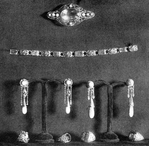 Handwrought brooch, bracelet, and earrings by Frank Gardner Hale