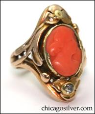 M. W. Hanck gold ring with coral cameo and small diamond