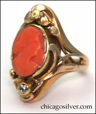 M. W. Hanck gold ring with coral cameo and small diamond