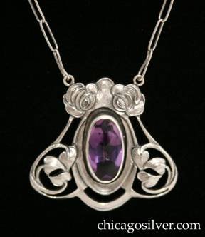 Kalo pendant on chain, handwrought in sterling silver with large cabochon amethyst with faceted back.  Silver frame with pierced open work, and stylized roses and leaves.