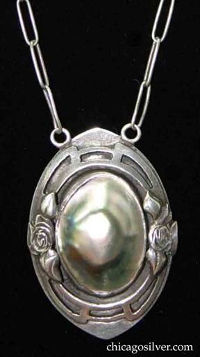 Kalo pendant on chain with large green and pink hued blister pearl flanked by applied roses 