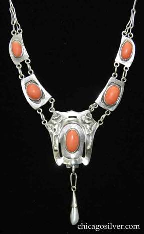 Kalo multipart necklace, composed of chased and pierced plaques each centering an oval bezel-set coral stone, tear-shaped pearl drop, and paperclip chain