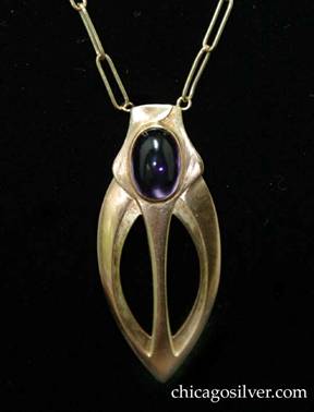Kalo necklace / pendant, gold, on paperclip chain, with bezel-set amethyst on shield-shaped cutout background 