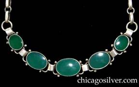 Kalo necklace / choker with heavy bar link chain with five oval links with flat green onyx cabochons