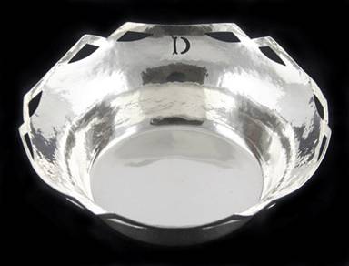 Sterling bowl by John O. Bellis showing saw-pierced "D" monogram