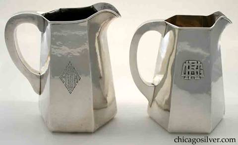 Randahl pitcher with engraved monogram and similar Kalo pitcher with applied monogram