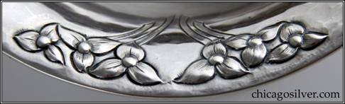 Kalo compotes, pair (2), footed, with wonderful chased and repouss pattern of blossoms and stems repeated three times around rim -- detail