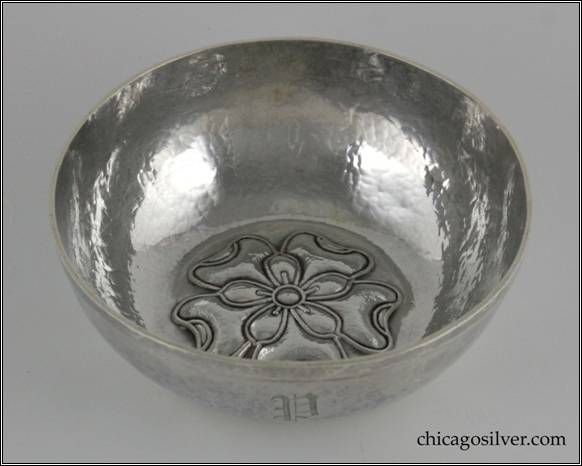 Kalo bowl, early, round, with chased and repouss figure of overlapping blossoms in flat, slightly domed bottom