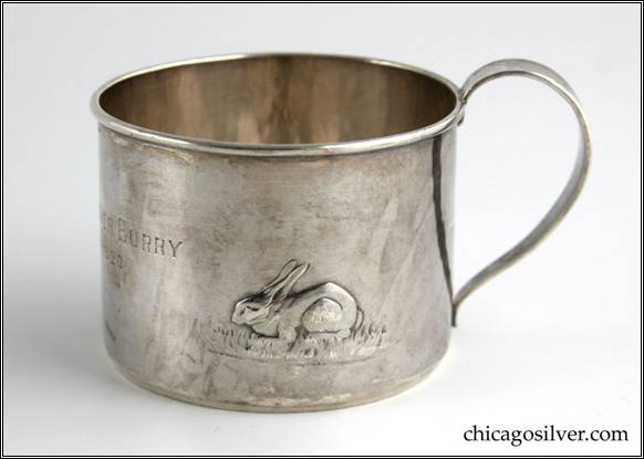 Kalo cup, child's cylindrical, with looping strap handle and applied wire to rim, repouss rabbit and engraved "GERTRUDE GROVER BURRY / APRIL 26TH 1920" on side