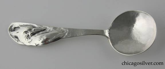 Rare Rokesley spoon with round bowl and repoussé bird's head on pierced handle.  5-1/4" L and 1-11/16" W.  Marked: ROKESLEY / STERLING
