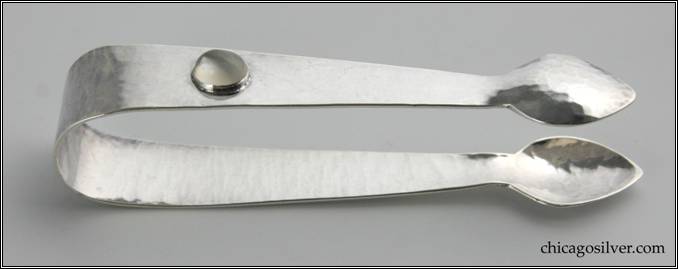 Kalo tongs, sugar, with spade-shaped nibs and engraved "C" on one side and oval bezel-set moonstone cabochon on the other side.  3-3/4" L and 5/8" W.  STERLING / KALO