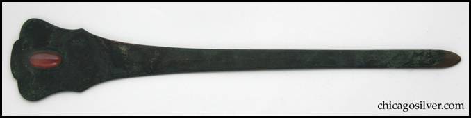 Kalo letter knife, copper, shield-shaped end with a bezel-set carnelian cabochon and long, narrow blade.  Dark, black oxidized patina.  10-3/16" L and 1-7/8" W.  Marked:  KALO
