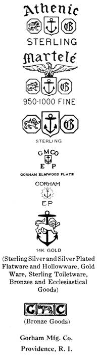 Gorham Mfg. Co. silver mark -- Athenic, Martele, Elmwood Plate, Bronze