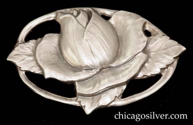 Peer Smed brooch, handwrought in sterling silver with rose blossom design and beautifully chased details.