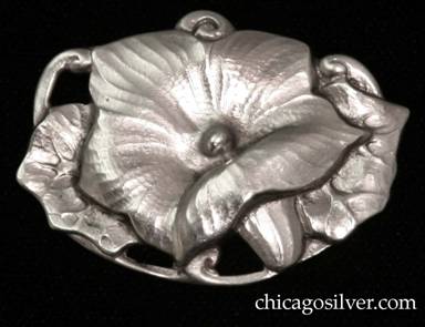 Peer Smed brooch, handwrought in sterling silver in the form of a morning glory overlapping leaves on an oval cutout frame.  Beautifully chased details.  