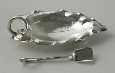 Peer Smed salts, set of five (5), leaf-form, with eight (8) spoons.  
